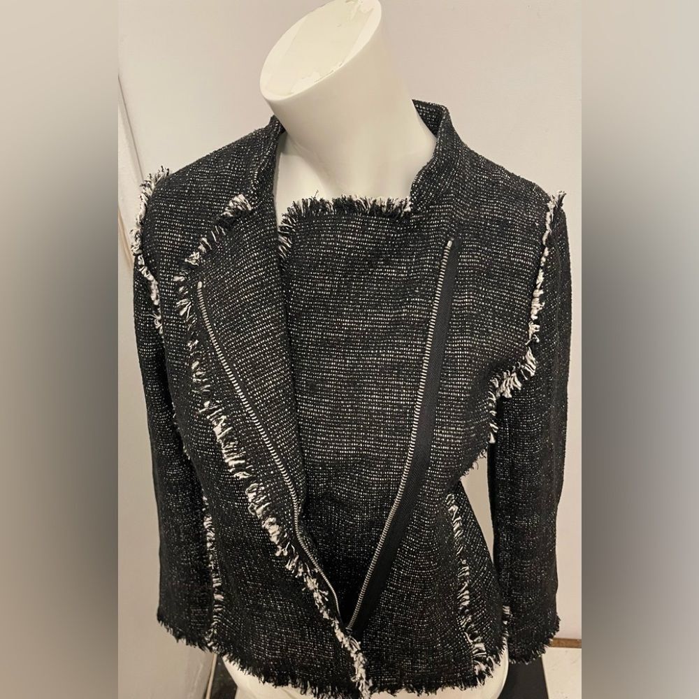 New Ann Taylor Black Tweed Fringe Asymmetrical Zip Moto Jacket Blazer - Picture 6 of 9